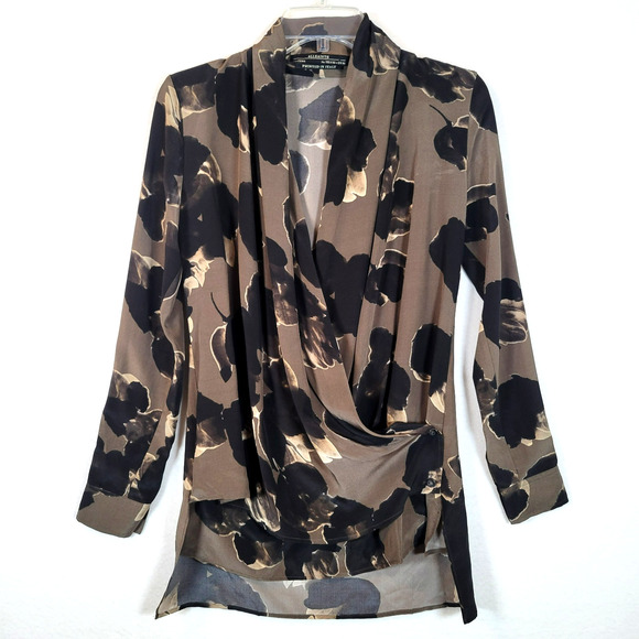 All Saints Womens Dissolve Serra Silk Floral Faux Wrap Blouse Size 4 Brown Black - Picture 1 of 12